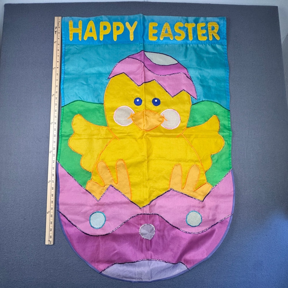 Vtg Happy Easter Chick Chicken Egg Colorful Outdoor Nylon Flag w Metallic Accent